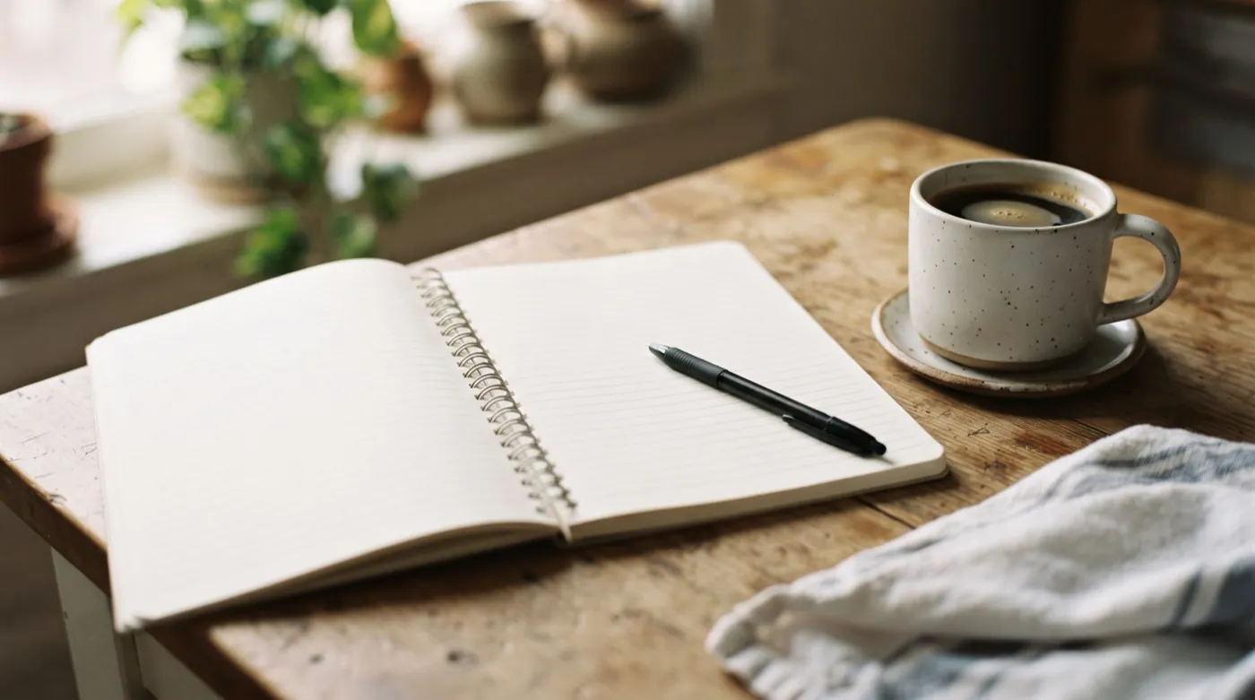 Quaderno a righe con una penna e una tazza di caffè su un tavolo da cucina.
