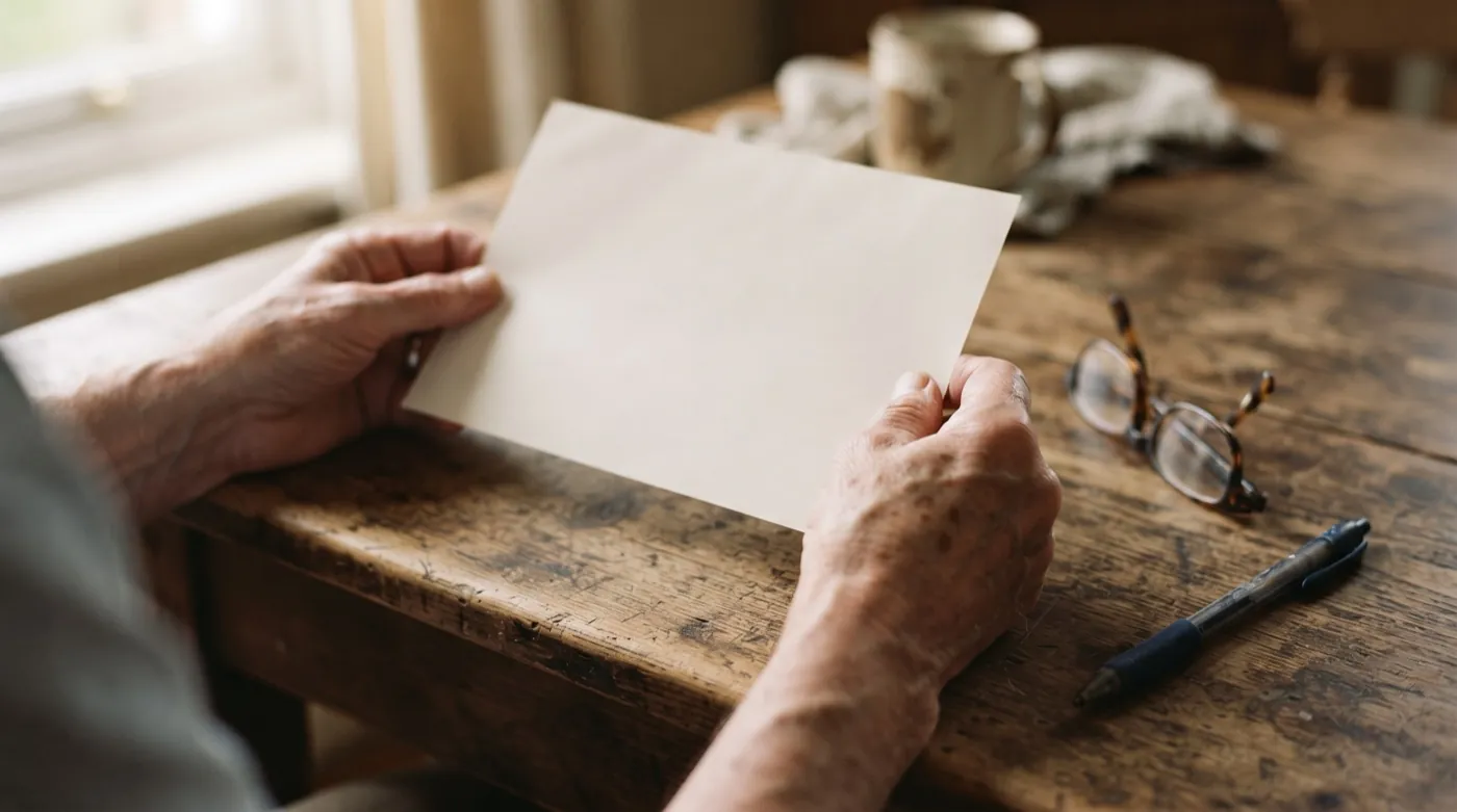 Mani di una persona anziana che tengono un foglio stampato sopra un tavolo di legno.