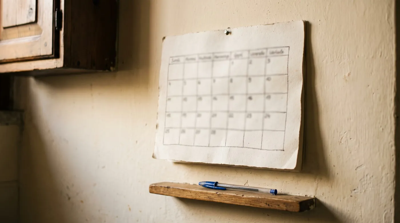 Calendario da parete appeso in una cucina, con una penna appoggiata sotto.