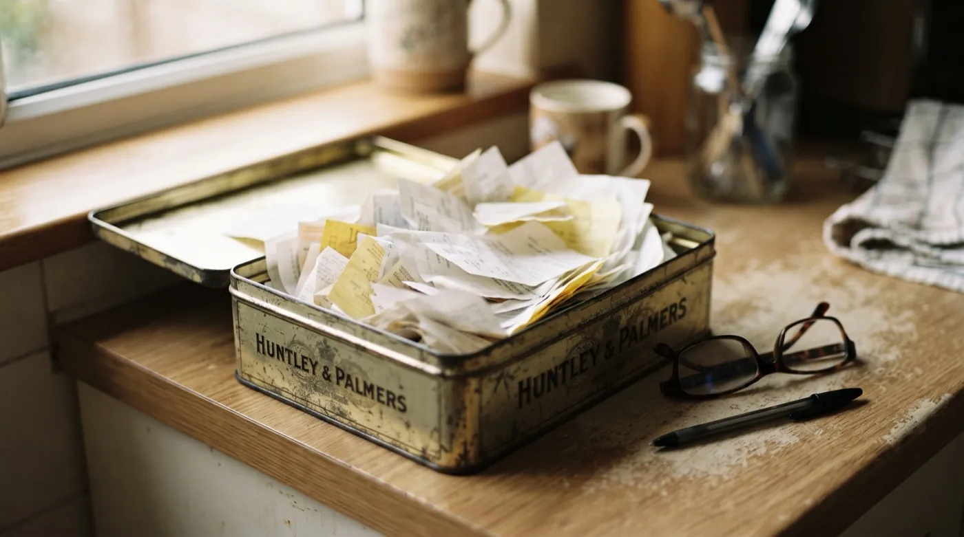 Scatola di latta con scontrini e ricevute conservati, appoggiata su un piano di cucina.