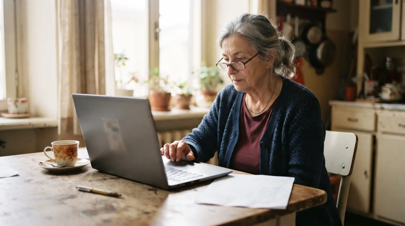 Persona anziana davanti a un computer portatile su un tavolo di casa.